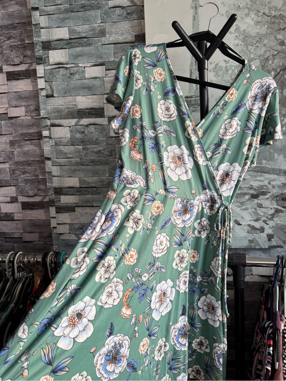Kaileigh Sage Green Floral mock Wrap Maxi Dress